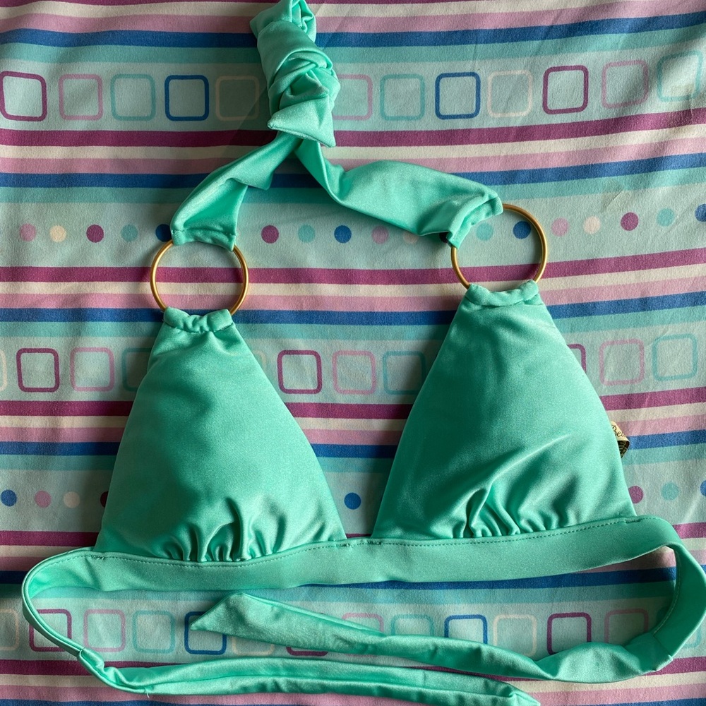 Bellissima Monte Carlo Turquoise Banded Halter Bikini Top with Gold Rings NWOT